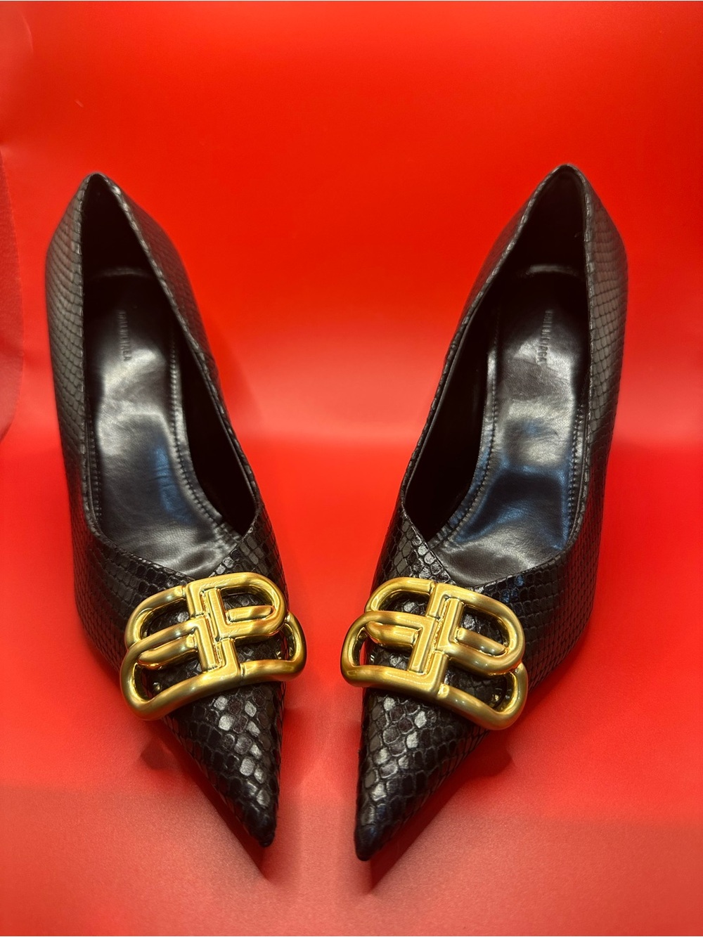 Balenciaga Black Snake-Embossed Pointed-Toe Pumps with Gold BB Buckle